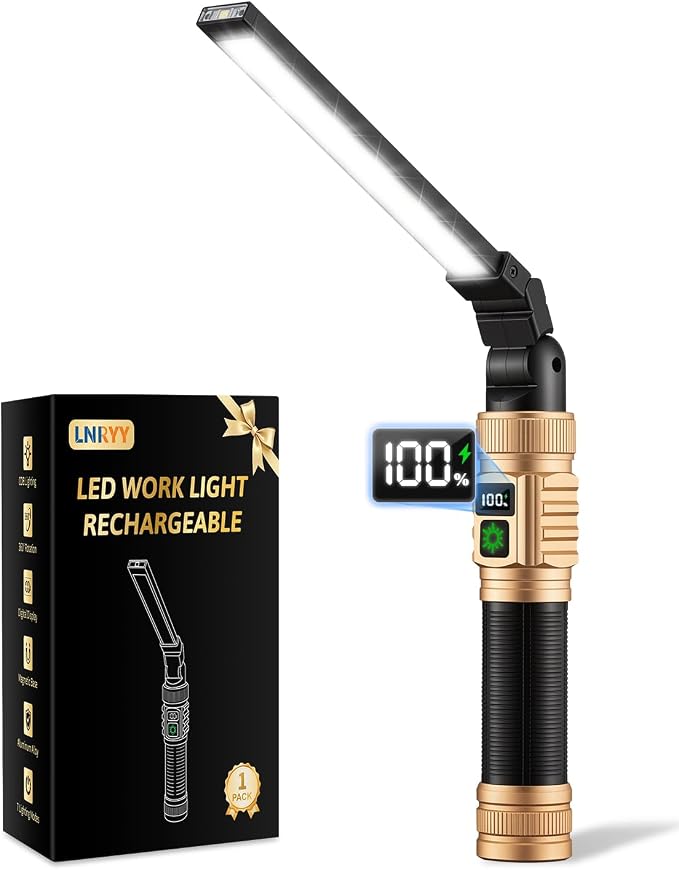 LNRYY Rechargeable Magnetic LED Work Light/Flashlight for Mechanics | All Aluminum, 1500 High Lumens, Digital Display, 360° Rotation, 7 Modes, for Car Repairing, Workshop, Gifts for Father