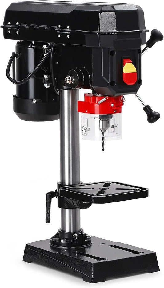 8 Inch Benchtop Drill Press, 5 Speed Adjustable 2.5A Mini Tabletop Drilling Machine with Swing Distance, 0-45° Tilting Worktable for Wood & Metal