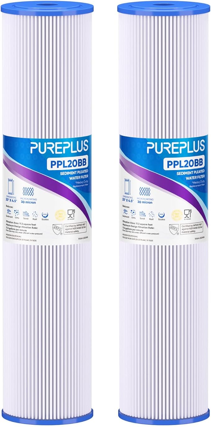 PUREPLUS 30 Micron 20" x 4.5" Whole House Pleated Sediment Filter for Well Water, Replacement Cartridge for ECP20-20BB, AP810-2, SPC-45-2020, R30-20BB, HDC3001, ECP5-20BB, 2Pack