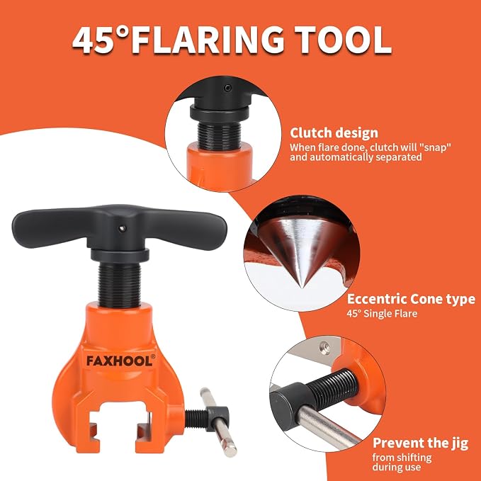 Flare Tool, HVAC Pipe Expander Tool, 45° Eccentric Type Flare Tool | Brake Line Flaring Tool Kit, With clamps and limit stops for 1/4"–3/4" and 6–19mm, For HVAC repair and installation.