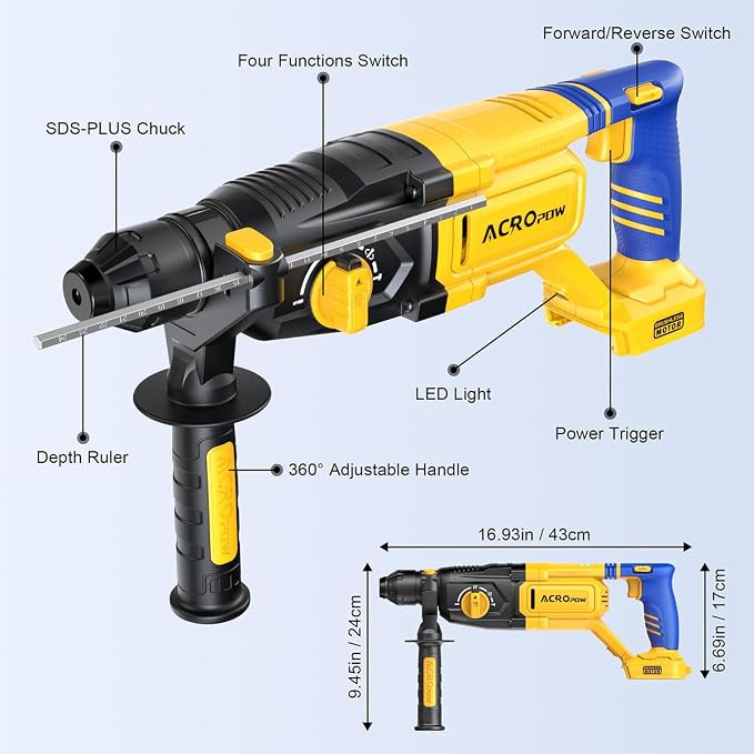 SDS-Plus Cordless Rotary Hammer Drill for Dewalt 20V Battery | Brushless Motor, Safety Clutch, 4 Functions, LED Light with Vibration Control, 5 Drills with Carry Bag（No Battery）