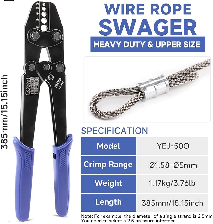 Wire Rope Crimping Tool, Ferrule Swaging Tool for Aluminum Sleeves, Loop Sleeves, Wire Rope Crimper for 1/16"-3/16"(1.58mm-5.0mm) Cables, Heavy-Duty Swaging Tool for Railing, Fishing