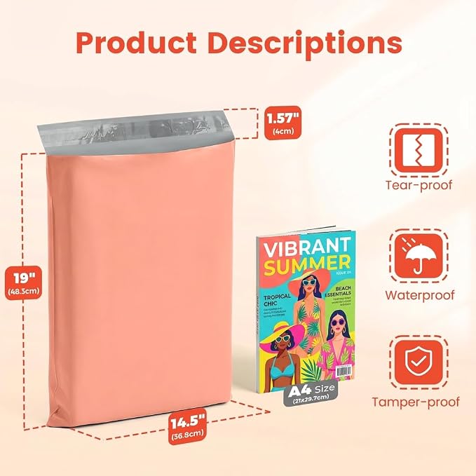 Metronic Poly Mailers 14.5x19 400 Pack, Heavy Duty Shipping Bags Bulk Self Seal Waterproof Tear Resistant Large Mailing Envelopes, Packaging bags for Small Business, Boutique, Clothing, Peach Pink