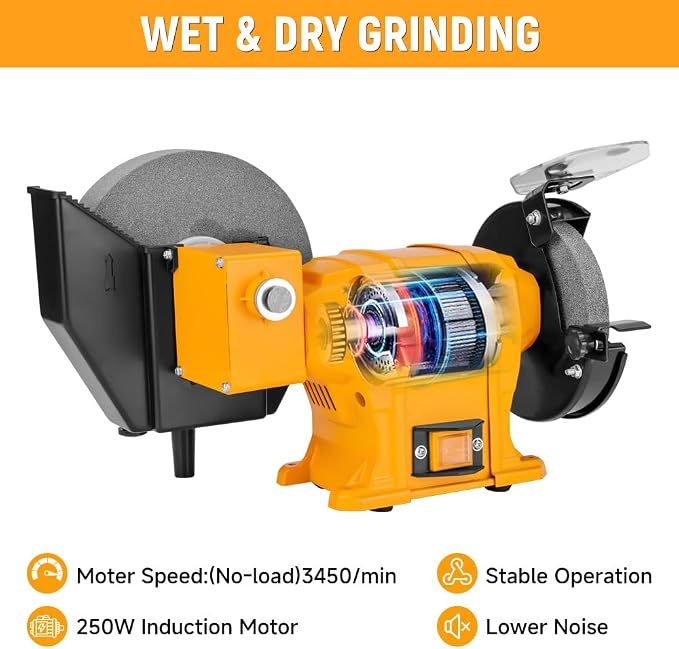 Hoteche 6-Inch/8-Inch Dual-Size Bench Grinder - 2.1-Amp Heavy Duty Dry/Wet Sharpening System for Metal, Wood, Tools, Knives, Chisels & DIY Projects
