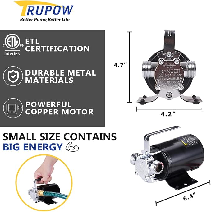 Trupow DC 12-Volt 1/10HP 330GPH Battery Powered Mini Portable Electric Utility Sump Transfer Water Pump with Water Hose Kit Black…