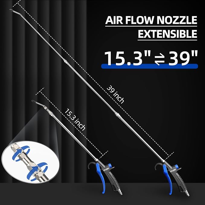Extended stretchable 15-39 inch air gun Heavy duty air compressor accessories, adjustable air flow, ergonomic design, ideal air tool for stainless steel barrels and nozzles cleaning (15-39 Inch)