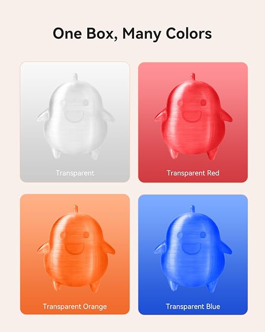 SUNLU Clear PLA Filament 1.75mm Bundle, 3D Printer Filament Bundle Multicolor, Individually Vacuum Packed, 250g Spool, 4 Rolls, Transparent Series-Clear+Red+Orange+Blue