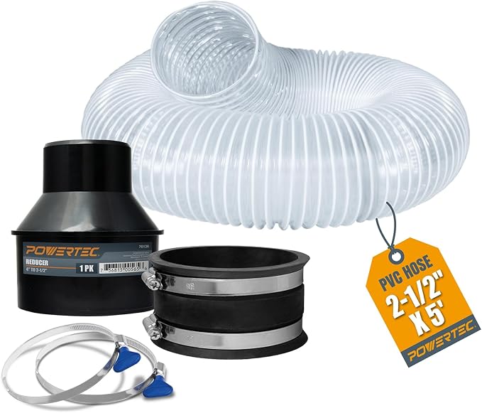 POWERTEC 70493 2-1/2" x 5' PVC Dust Collection Hose w/ 2pcs Stainless Steel Key Hose Clamps, 4" to 2-1/2" Reducer and 4" Dust Control Flex Cuff, for Table Saw, Band Saw, Router Table, Woodworking