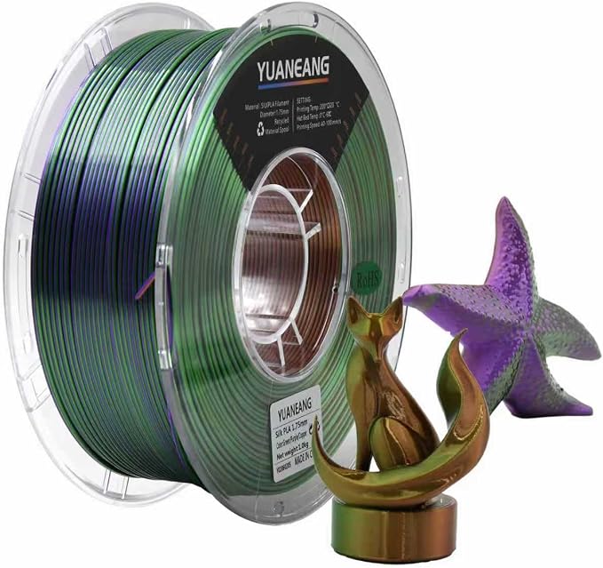 SilkTriple-Color PLA Filament 1.75mm Green-Purple-Copper, ±0.03mm Precision, 1kg Spool (2.2 lbs), Smooth Multi-Tone Gradient PLA, Neatly Wound & Compatible with Most 3D Printers
