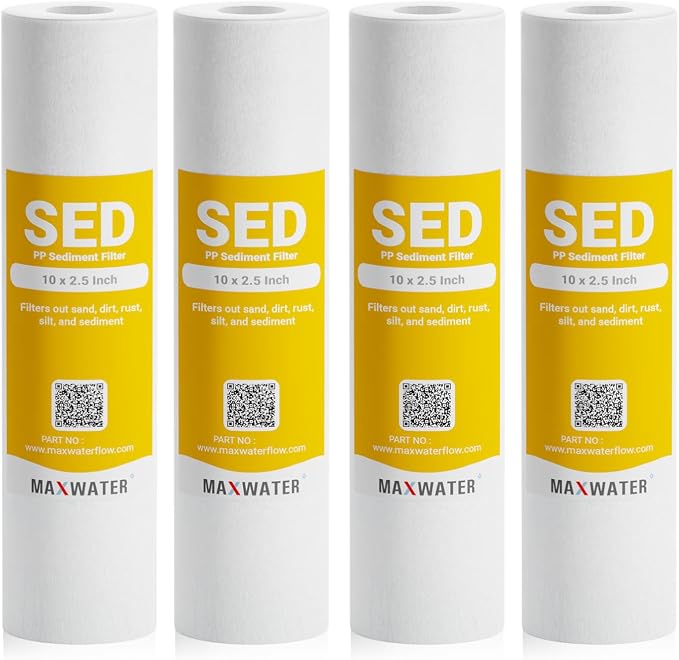 Max Water 5 Micron 10 x 2.5 Whole House Sediment Home Water Filter Cartridge Replacement for RO system Compatible with Well Water Filters - P5, AP110, WHKF-GD05, WFPFC5002, CFS10, 4 Pack