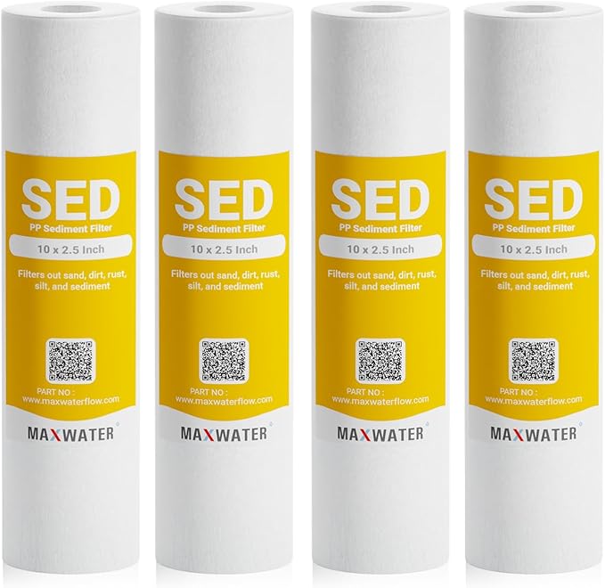 Max Water 10 Micron 10 x 2.5 Sediment Filter Cartridge Replacement for Reverse Osmosis and Whole House Water Filter, Compatible with Well Water Filters P5, AP110, WHKF-GD05, GE FXUSC, RS14-SS, 4 Pack