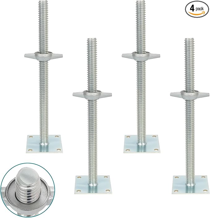 18" Adjustable Scaffolding Leaveling Jack, Galvanized Steel Soild Screw Jack with Base Plate, 4 Pack