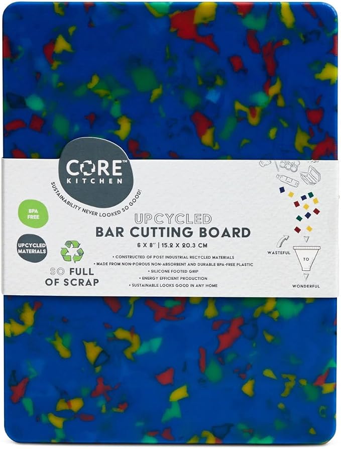 Core Kitchen Rainbow Confetti on Blue 6 x 8 Inch Recycled Plastic Charcuterie Platter Chopping Cutting Board with Non-Slip Footing, Kitchen Display Tray, 46371