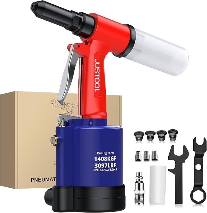 JUSTOOL 3097 LBF Heavy Duty Pneumatic Rivet Gun, Air Rivet Gun 4 Nosepieces 3/32", 1/8", 5/32", 3/16", NPT 1/4 inch Air Riveter Pop Rivet Gun Kit 16mm Maximum Stroke for DIY Automotive Industries