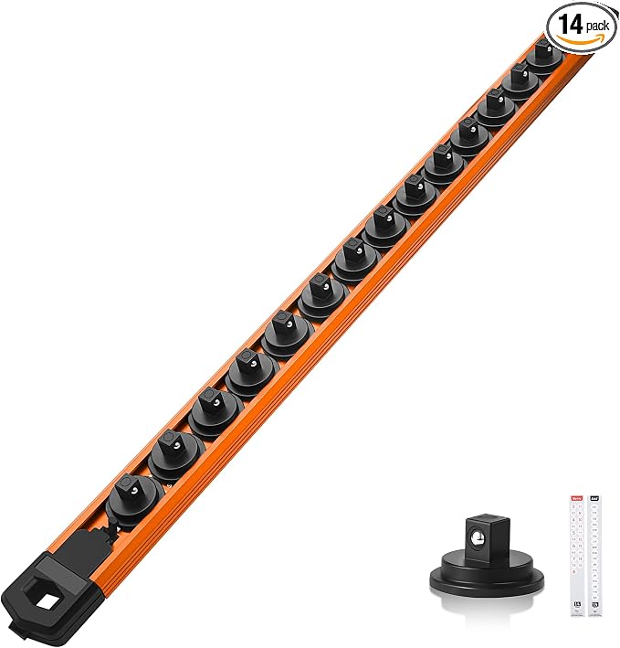 Reniteco Magnetic Socket Organizer, 1/4" Drive Aluminum Alloy Socket Rail, Heavy Duty Magnetic Socket Holder with 14PC 360° Swivel Removable Clips, Magnetic Socket Rack for Tool Box Drawer, Orange