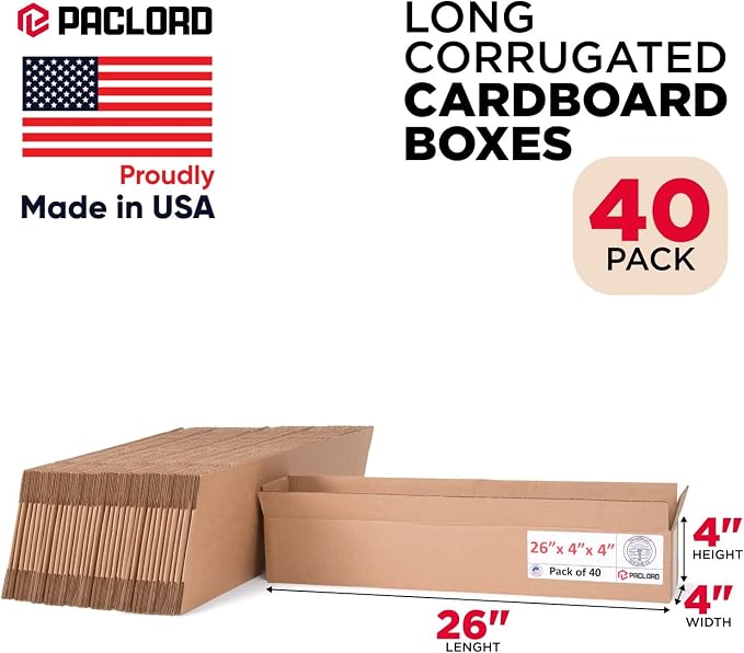 Long Cardboard Boxes 26"L x 4"W x 4"H (Pack of 40) - USA-Made Packing Boxes for Moving, Shipping, or Storage - USPS, UPS, FedEx Approved - Professional Packing Supplies for Moving | USA-Made Packing Boxes for Moving, Shipping, or Storage - USPS, UPS, F...
