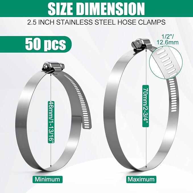 Zhengmy 50 Pack 2.5 Inch Stainless Steel Hose Clamps Adjustable 1-13/16" to 2-3/4" 46-70 mm Worm Gear Clamps Duct Clamp for Automotive Fuel Line Air Duct Dryer Vent Plumbing Industrial Use