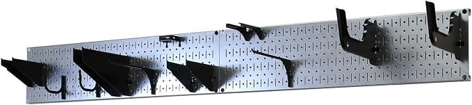 Wall Control Garage Storage Rack Lawn & Garden Tool Organization Wall Mount Organizer - Easy to Install 64" Wide Strong Galvanized Steel Pegboard Set (Shiny Metallic Pegboard)