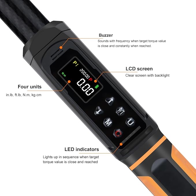 Uharbour Digital Torque Wrench 1/2 Drive with Carbon Fiber Body, 2.2-147.5 Ft.lb Range, ±1% Accuracy with Vibration, Buzzer and LED Alert, Suitable for Car, Motorcycle and Bicycle