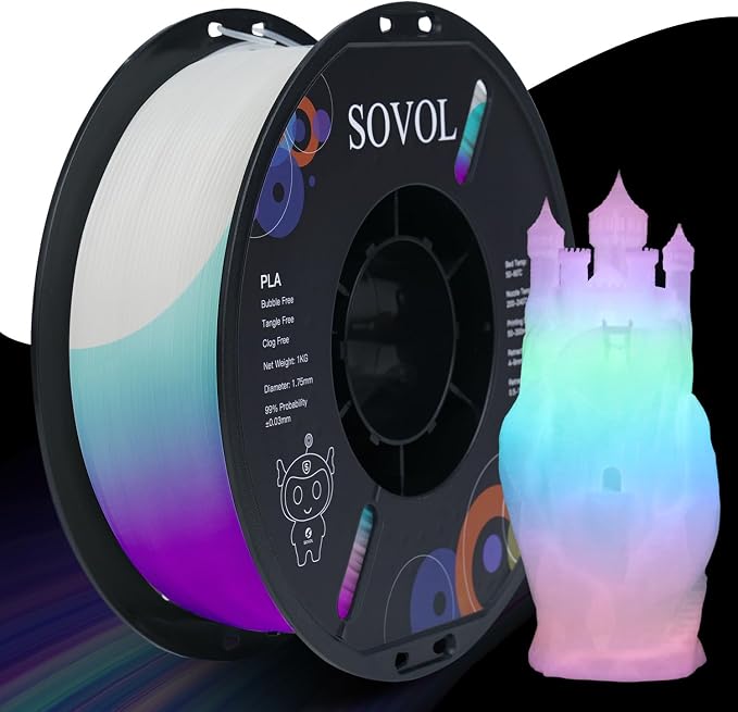 Sovol 3D Printer Glow in The Dark Filament Gradient Multicolor Fast Change PLA 1kg (2.2 lbs) Spool 3D Printing Materials, Dimensional Accuracy +/- 0.03 mm, 1.75 mm, Glow Multicolored