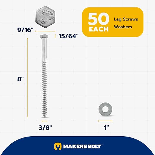 3/8 x 8 (50 Pack) Lag Screw Kit, 50 Screws and 50 washers, Hot Dip Galvanized, Meets ASME B18.2.1 Industrial/Commercial Grade by Makers Bolt