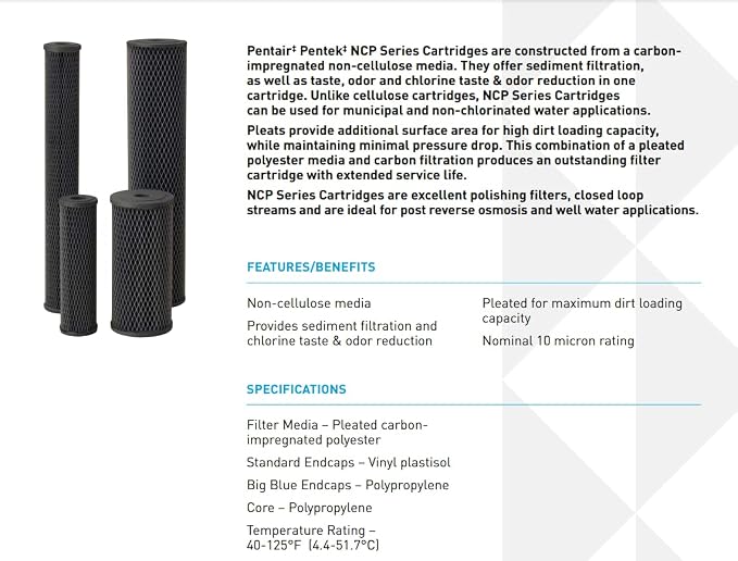 Pentair Pentek NCP-20BB Big Blue Carbon Water Filter, 20-Inch, Whole House Non-Cellulose Carbon Impregnated Pleated Filter Cartridge, 20" x 4.5", 10 Micron, Pack of 6, Gray