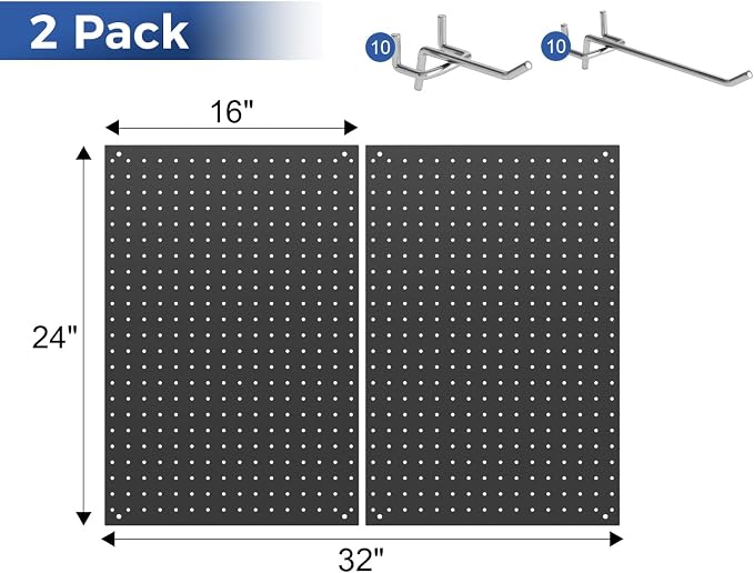 2 Pcs 24”×16”Metal Pegboard Panels, Heavy Duty Peg Boards with Hooks, Steel Organization Panels for Garden Tool Storage, Walls Home, Office, Black