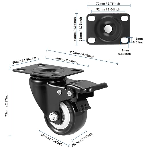 Casters, 2" Caster Wheels，Casters Set of 4 Heavy Duty - ASRINIEY Black Polyurethane Castors, Top Plate Swivel Wheels, 4-Pack Industrial Casters with Brake, Locking Casters for Furniture and Workbench