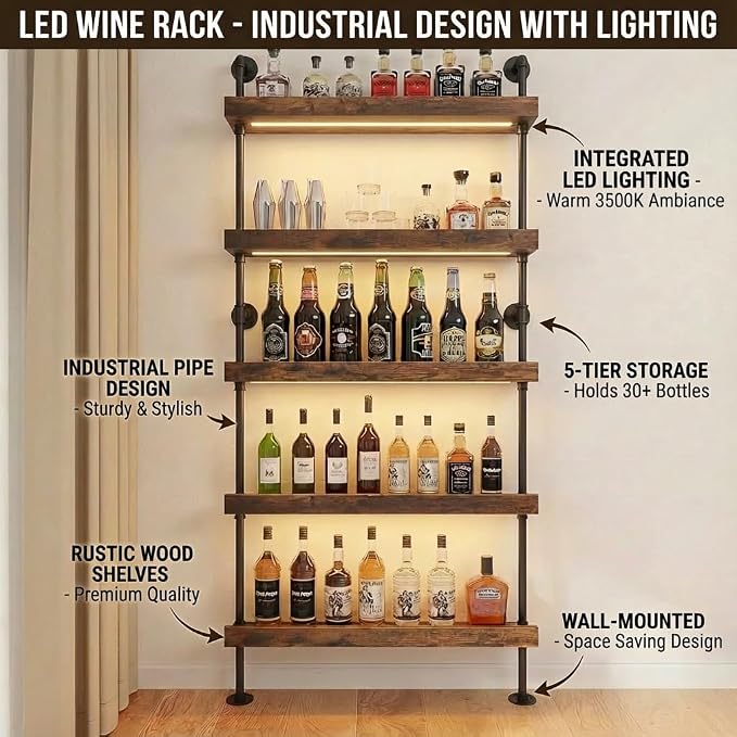 5-Tier Wall Mounted Wine Rack with LED, Industrial Pipe Bar Shelf for Wine Bottle Storage, Industrial Pipe Shelves Shelf Shelving for Home Bar Dining Room Kitchen (24INCH-LED)