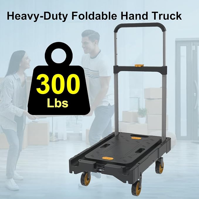 Folding Platform Hand Truck Push Cart Foldable Dolly Cart Portable Trolley 300lb Heavy Load Capacity, Adjustable Handle with Swivel Wheels for Garage Garden Home Office Travel Shopping Use
