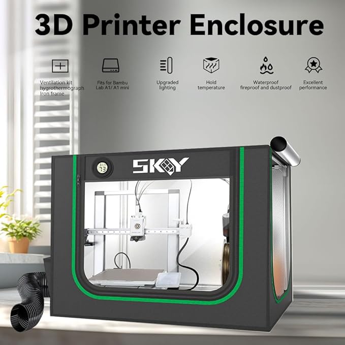 Upgrade 3D Printer Enclosure for Bambu Lab A1,A1 Mini with LED Light,Iron Frame,Fan Extraction Kit,Thermo-Hygrometer, Fireproof Dustproof Tent Constant Temperature Protective Cover,850 * 580 * 580mm