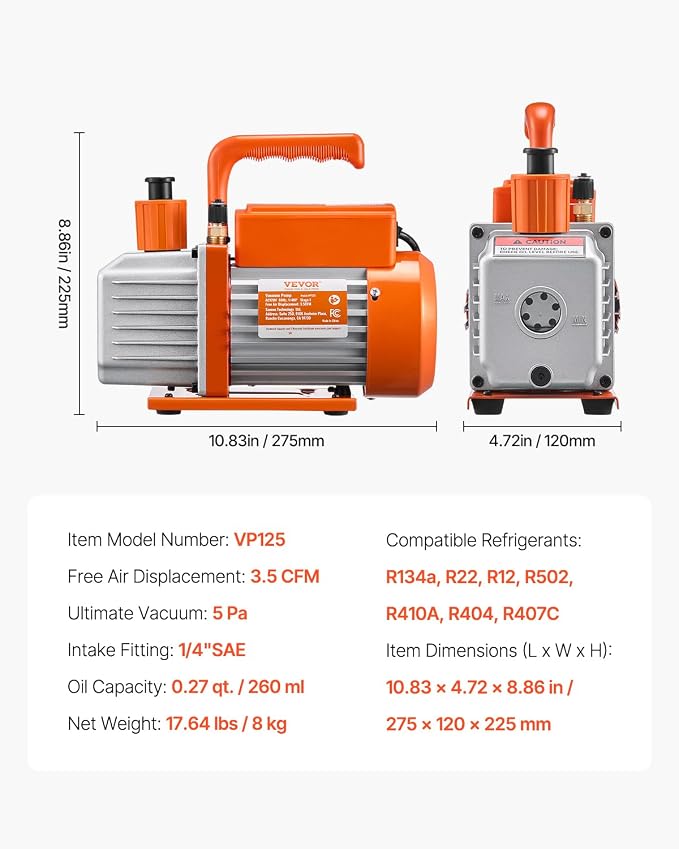 VEVOR 3.5 CFM AC Vacuum Pump and Gauge Set, Single Stage Rotary Vane HVAC Air Vacuum Pump, A/C Refrigerant Manifold Gauge Kit, with Hoses, for R134a, R12, R22, R502a, R410A, R404, R407C Refrigerants