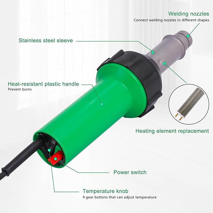 Gekufa 1600W Plastic Welder Kit, 100V Hot Air Welding Gun with Adjustable Temperature & Multiple Nozzles for PVC, TPO, Vinyl Flooring, Roofing & Bumper Repair