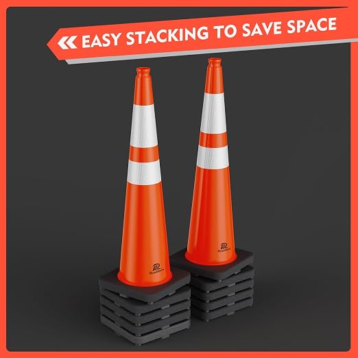 RoadHero 4 Pack Traffic Safety Cones 36 Inch with Black Weighted Base, Plastic PVC Cone, Orange Cones with Reflective Collar, Cones for Parking Lot, Construction Events, Road Safety