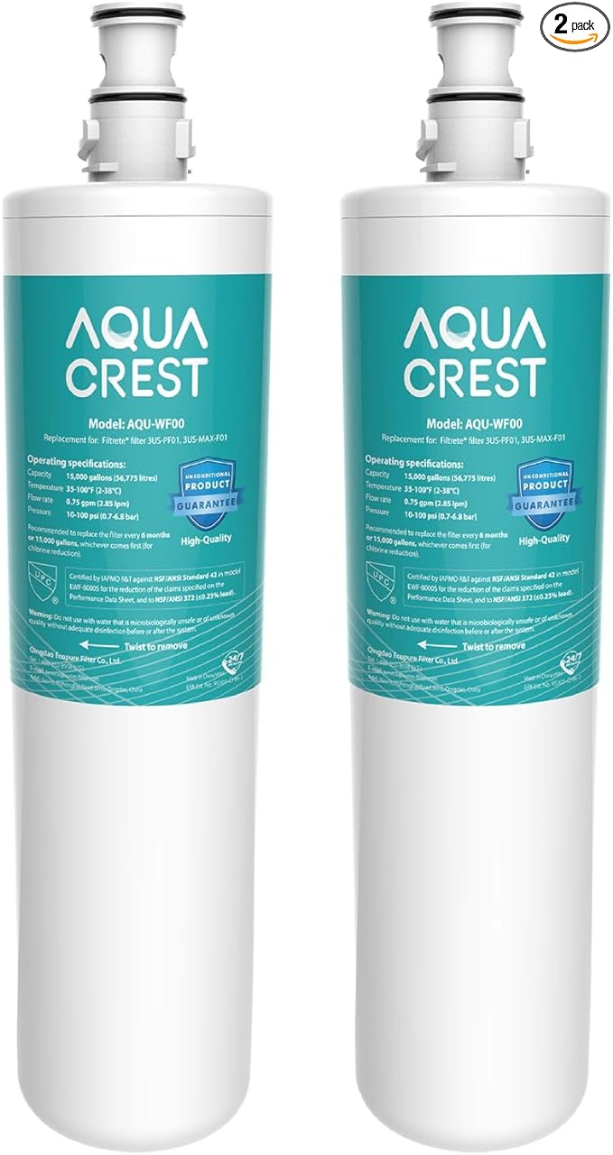 AQUA CREST 3US-PF01 Water Filter Replacement for Filtrete®3US-PF01, 2 Pack | Replacement for Filtrete® 3US-PS01, 3US-MAX-S01, Delta RP78702, Manitowoc K-00337, K-00338, HF20 HF25 HF27, NSF/ANSI 42