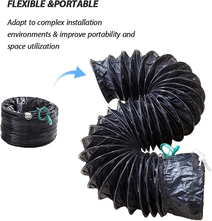 12 Inch Explosion-Proof Flame Retardant HVAC Ducting with Adjustable Rope and D-Ring, 16ft Antistatic PVC Flexible Duct Hose for Ventilation, Exhaust, Drying, and Cooling Applications (12in x 16ft)