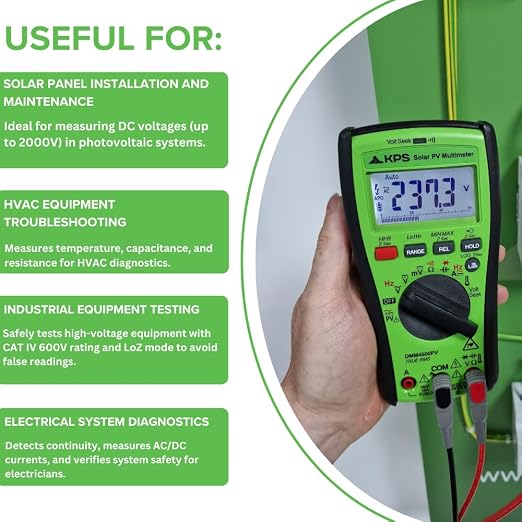 KPS DMM4500PV TRMS Multimeter – 1500V DC Rated for Solar Applications | High Voltage Tester for Solar and Utility Technicians