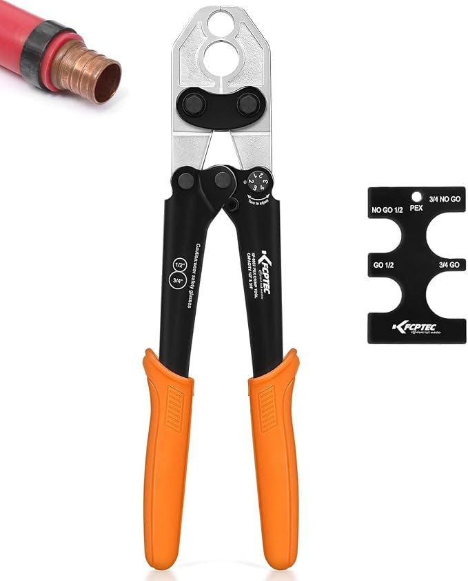 KF CPTEC PEX Crimping Tool, Forged Steel Heavy-Duty Crimper for Copper Crimp Rings (1/2 Inch & 3/4 Inch), Includes Go/No-Go Gauge, ASTM F1807 Compliant Plumbing Tool
