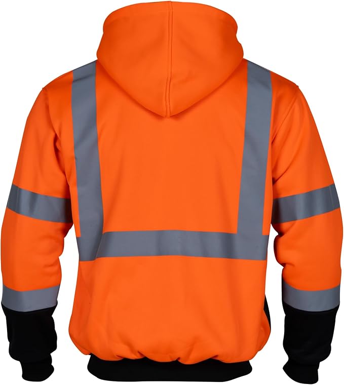 VENDACE Men's ANSI Class 3 High Vis Safety Reflective Sweatshirt Wool Fleece Zipper Jacket Hoodie with Black Bottom(Orange,L)