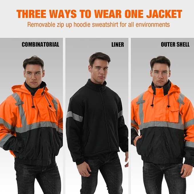 SKSAFETY 3-in-1 High Visibility Winter Bomber Jackets Zip Out Fleece Liner Reflective Safety Coats for men Waterproof ANSI/ISEA Class 3(Orange 2XL)