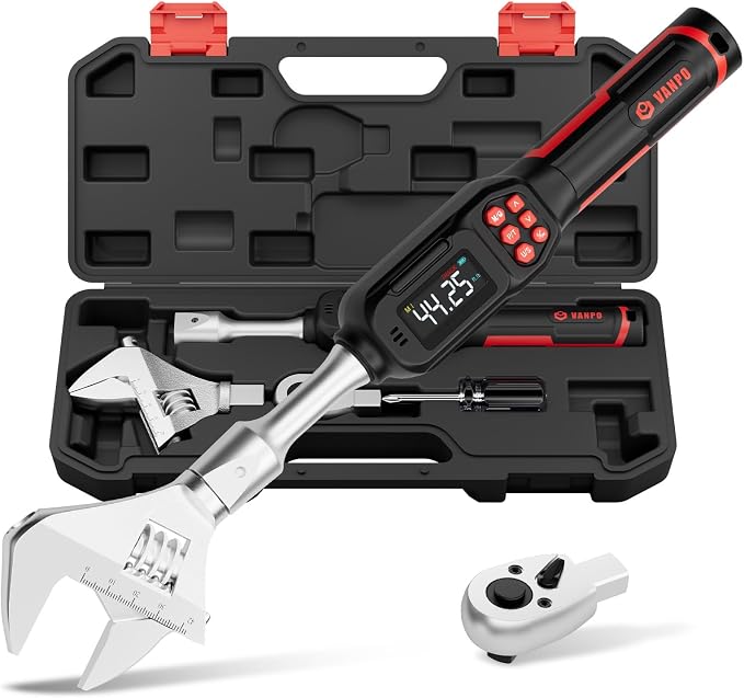 VANPO Adjustable Digital Torque Wrench, 2.2-44.3 Ft.lb/3-60Nm, ±2% Accuracy | Electronic Torque Wrench with 42mm Jaw and 3/8" Drive Ratchet, Buzzer, Vibration and LED Indicator for HVAC and Motorcycle