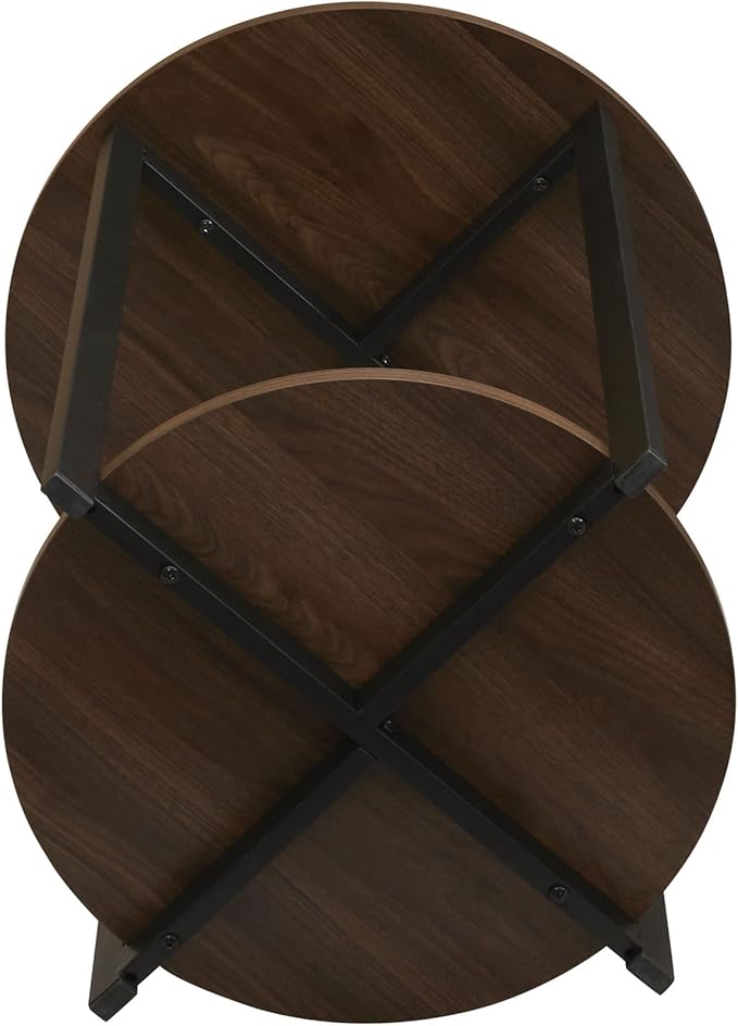 Household Essentials Jamestown Round Side End Table with Storage Shelf Mid Century Walnut Wood Grain and Black Metal