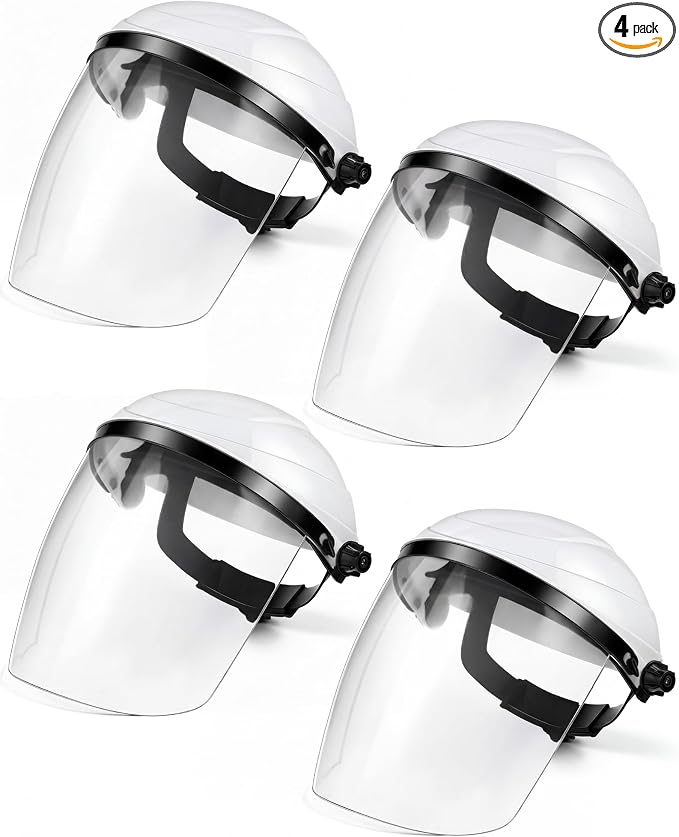 Tellegloww 4 Pcs Clear Safety Face Shield for Grinding & Cutting, Lightweight Full Impact Resistant with Adjustable Ratcheting Headgear Face Shield Mask for Work Chemical Woodworking Industrial, White