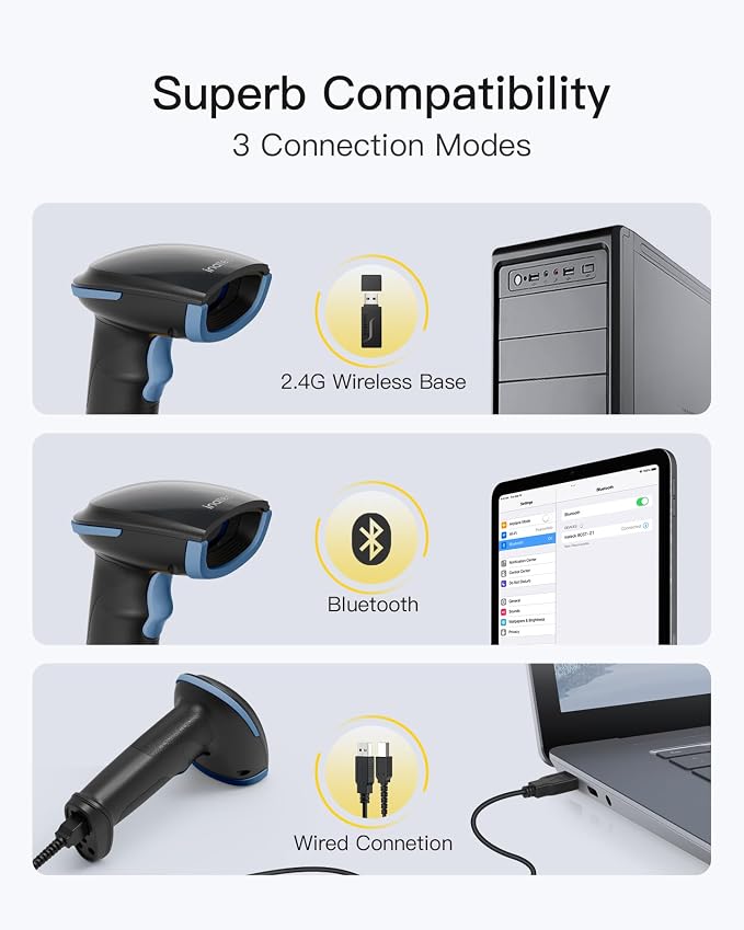 Inateck 2D Barcode Scanner, Wireless Bluetooth QR Barcode Scanner, Handheld Scanner with APP and SDK, 1 Charge for 3 Months, BCST-23 Blue