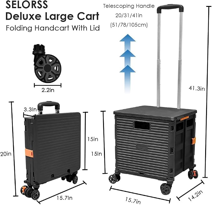 Foldable Utility Cart Portable Collapsible Crate Rolling Carts with Wheels Rolling Tote Basket Teacher Cart with Lid Wear-Resistant 360°Rotate Wheel Noiseless for Shopping Storage Office Use