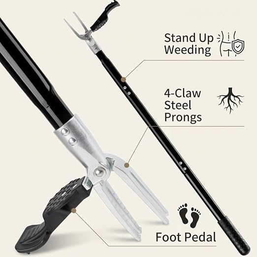 Stand Up Weed Puller Tool, 4-Claw Steel Head Heavy Duty Weeder, Adjustable Long Handle Garden Weeding Tool for Effortless Weed Removal Without Bending Kneeling Pulling