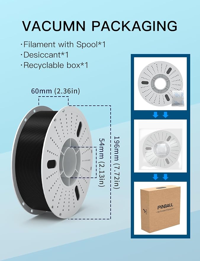 PINBALL PETG 3D Printer Filament 1.75mm High Precision Durable Moisture-Proof Strong Filament Mith Better Flow Dimensional Accuracy +/- 0.02mm Suitable for Most FDM 3D Printers 1 Kilogram Black