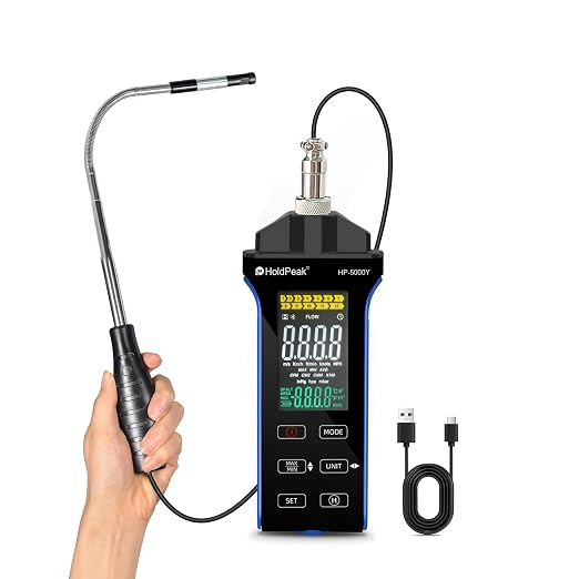 HOLDPEAK Professional Hot-Wire Anemometer, High-Precision Digital CFM/CMM Air Velocity Meter Wind Speed Gauge, HVAC Wind Temperature Tester with Telescopic Probe, Backlit LCD, USB Data Export