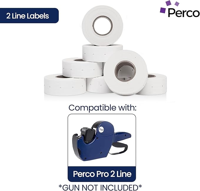 Perco 2 Line Removable Adhesive Labels - 60,000 Blank Price and Date Gun Labels for Perco 2 Line Price and Date Guns - 80 Rolls, 10 Sleeves - Made in USA