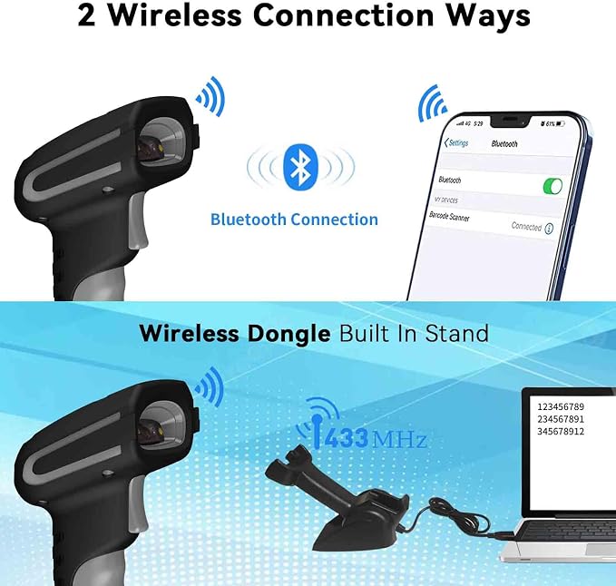 Alacrity Long Distance 1D 2D Industrial Barcode Scanner, Wireless Charging Cradle, 433Mhz Wireless & Bluetooth Barcode Reader, Shock Dust Proof Hands Free, Grey